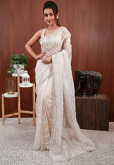 White Organza with hand Embroidery work Saree with Blouse Piece - Adi Akshoy & Co.