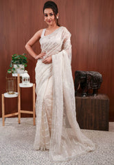 White Organza with hand Embroidery work Saree with Blouse Piece - Adi Akshoy & Co.