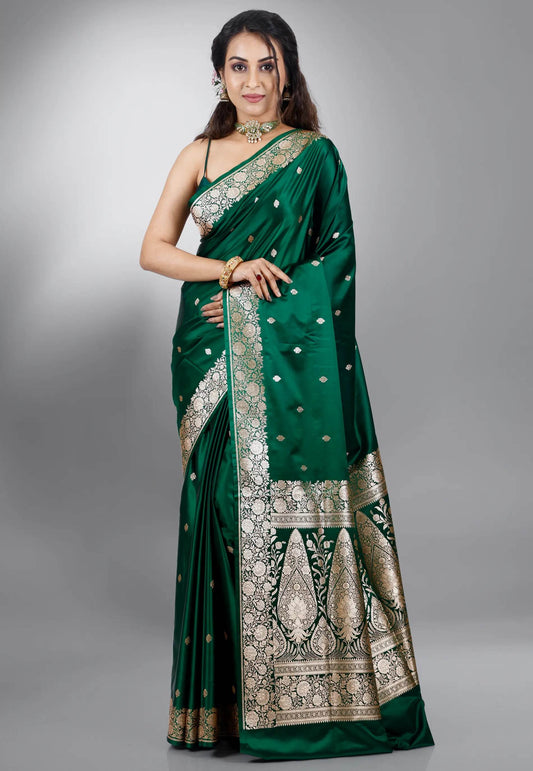 Bottle Green Wedding Banarasi Silk Saree with Blouse Piece - Adi Akshoy & Co.