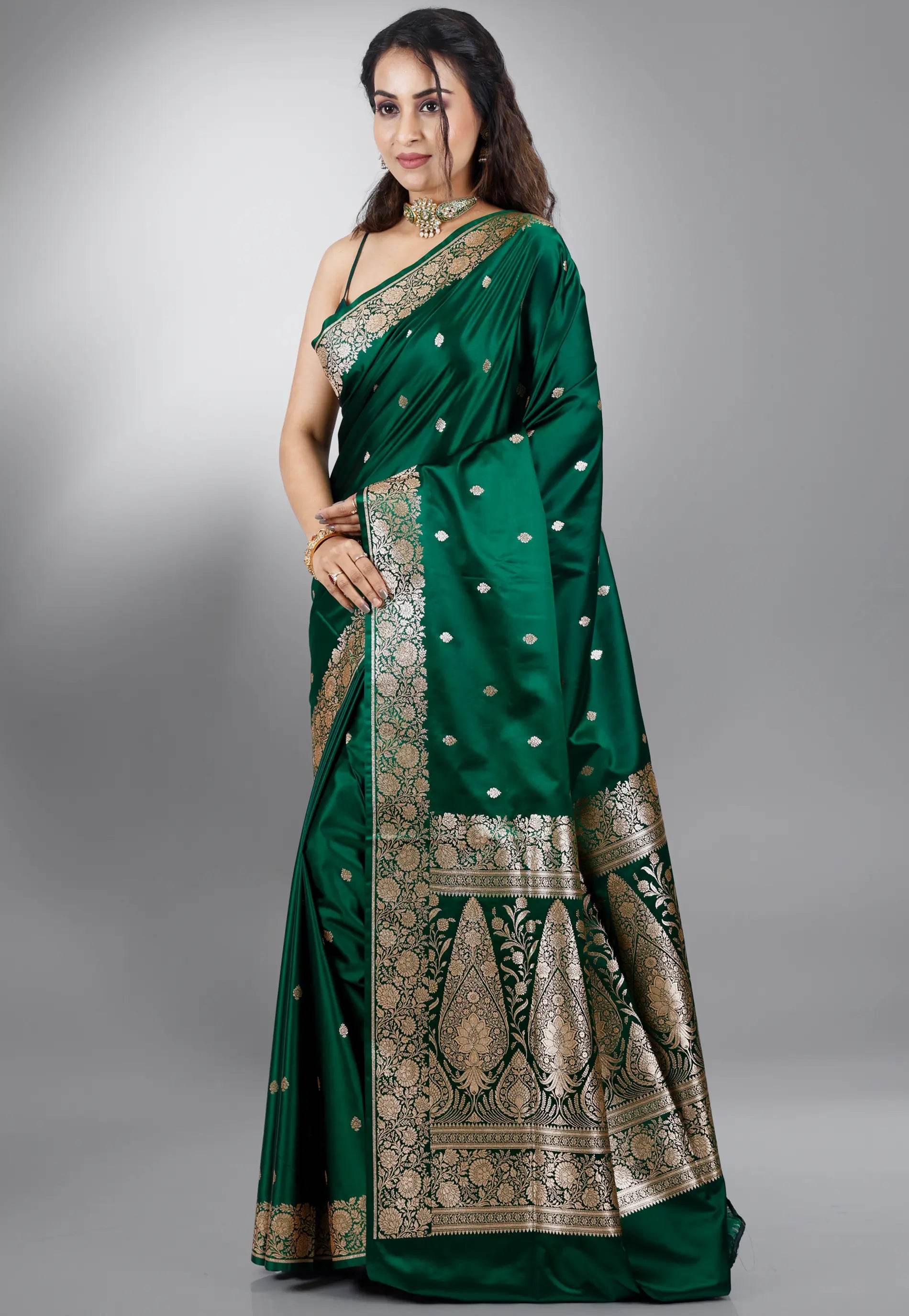 Bottle Green Wedding Banarasi Silk Saree with Blouse Piece - Adi Akshoy & Co.