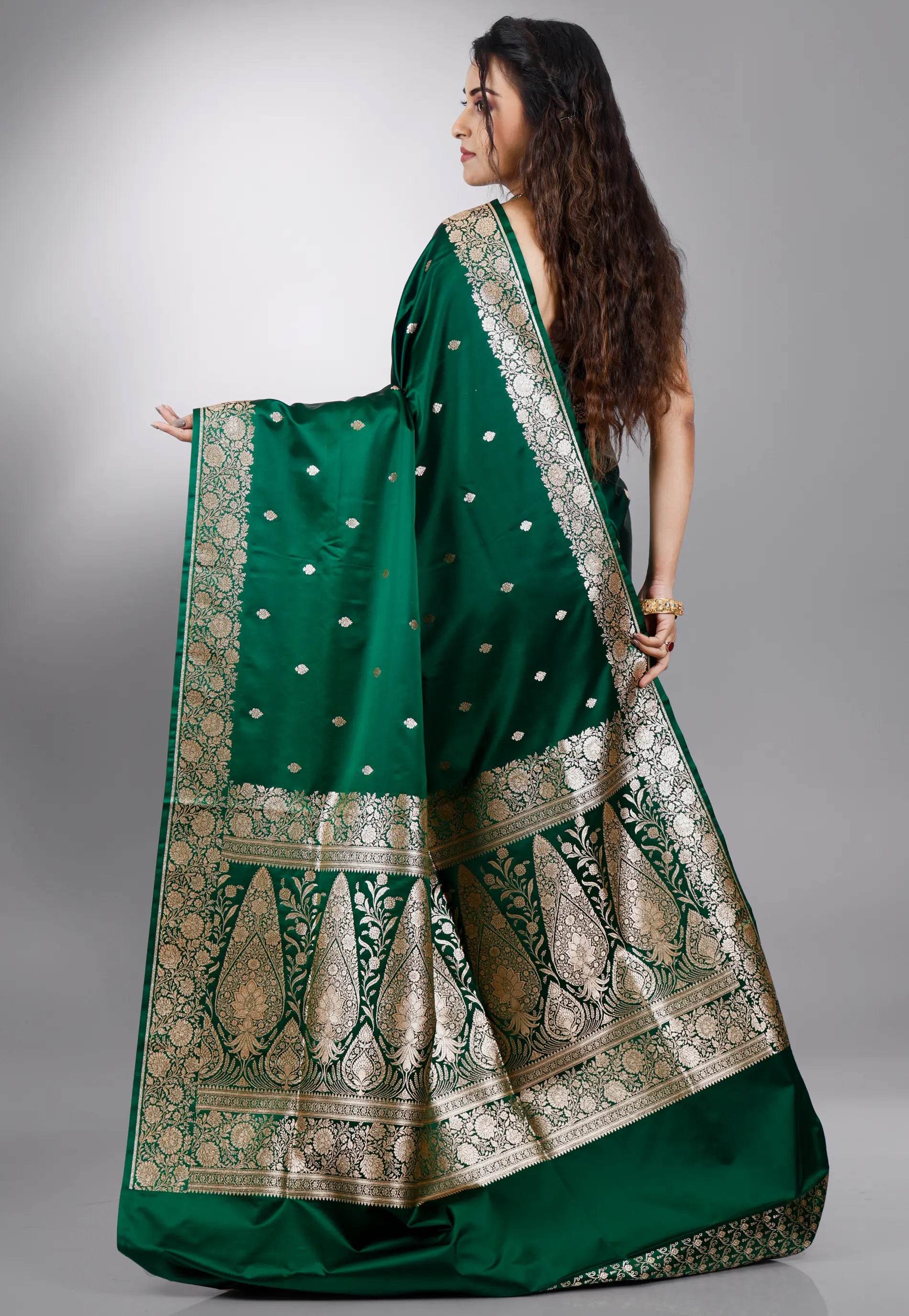 Bottle Green Wedding Banarasi Silk Saree with Blouse Piece - Adi Akshoy & Co.