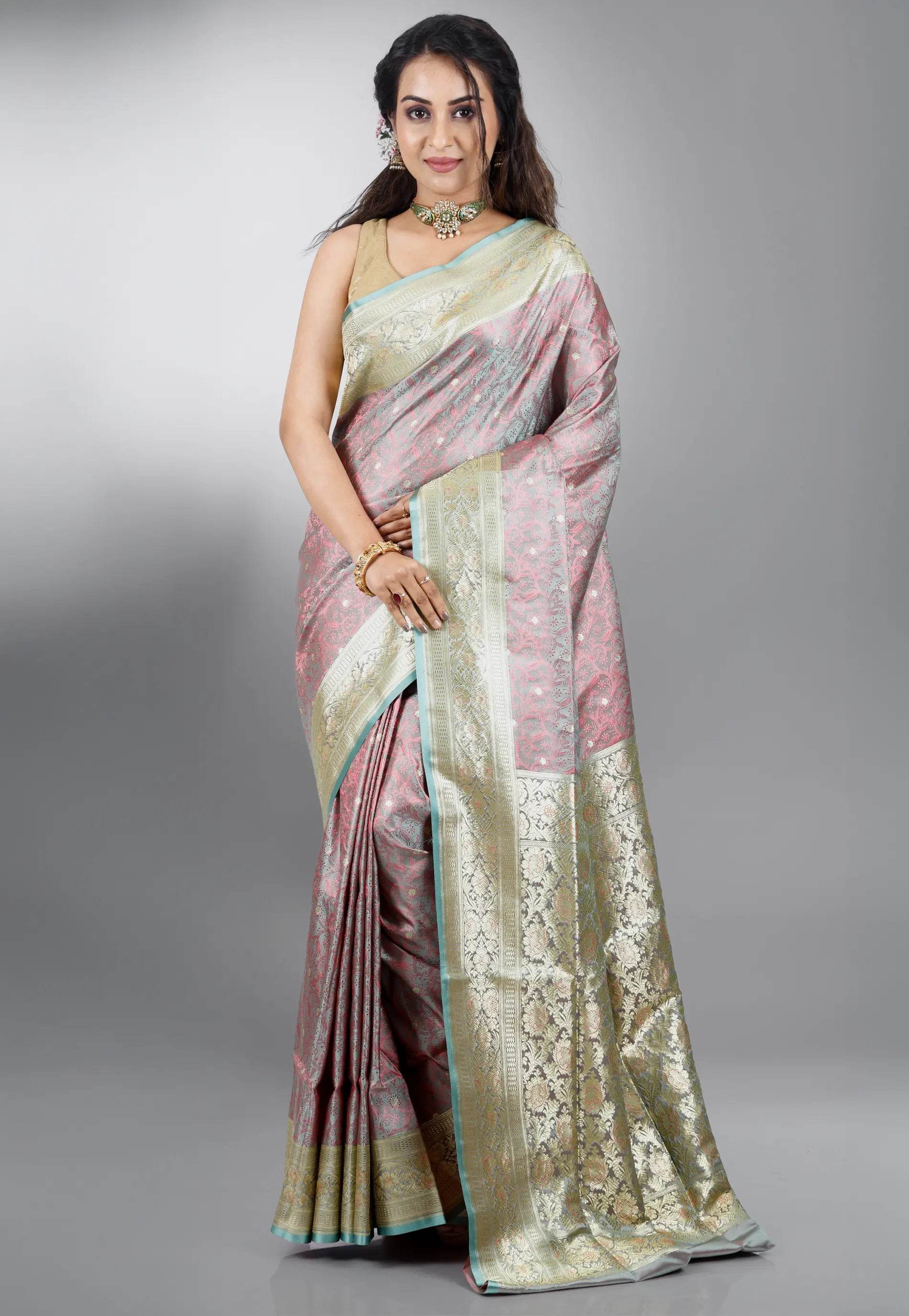 Dual Shades of Pink & Sea Green Wedding Banarasi Silk Saree with Blouse Piece - Adi Akshoy & Co.