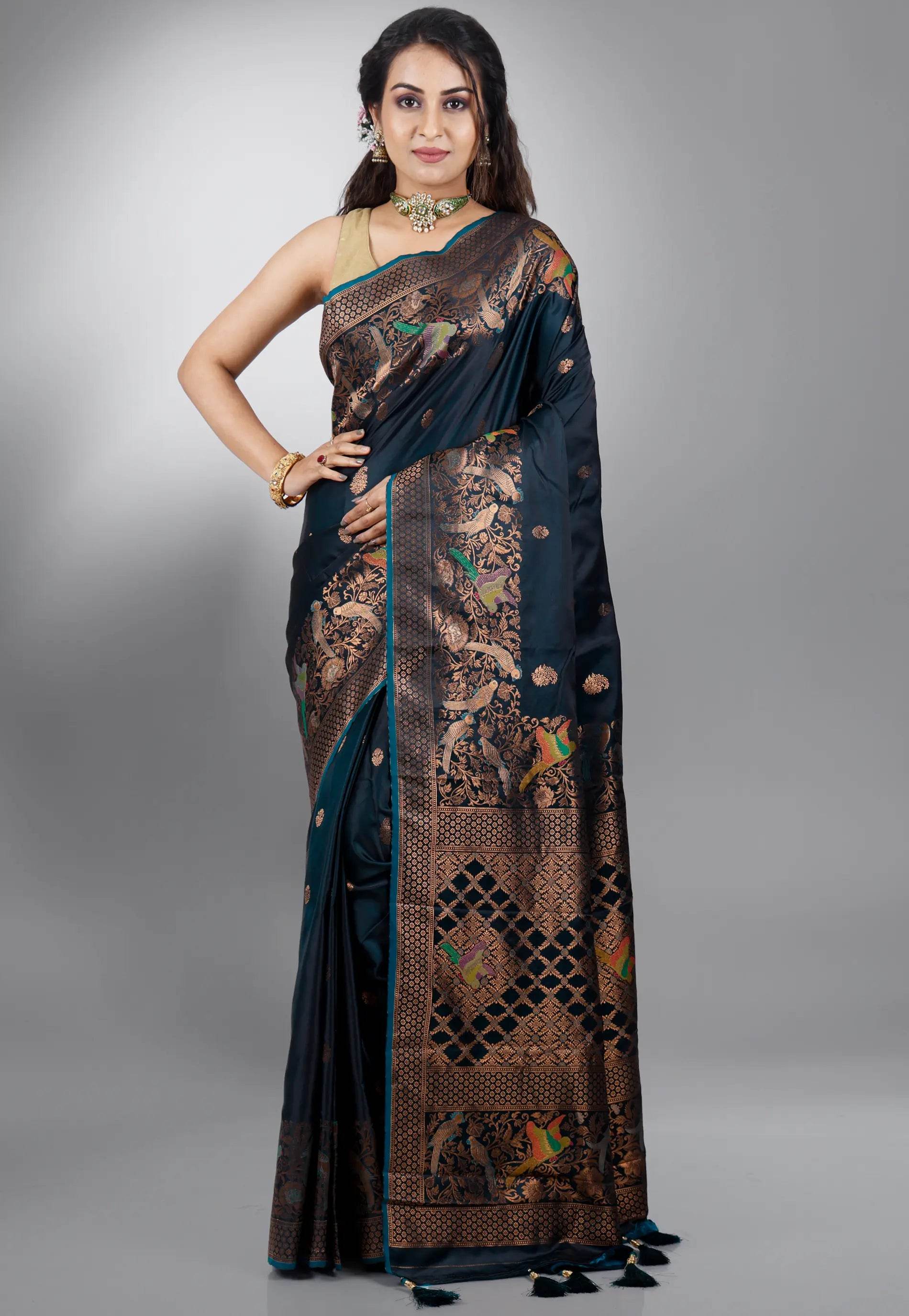 Dual Shades of Bottle Green Mashru Silk Saree with Blouse Piece - Adi Akshoy & Co.