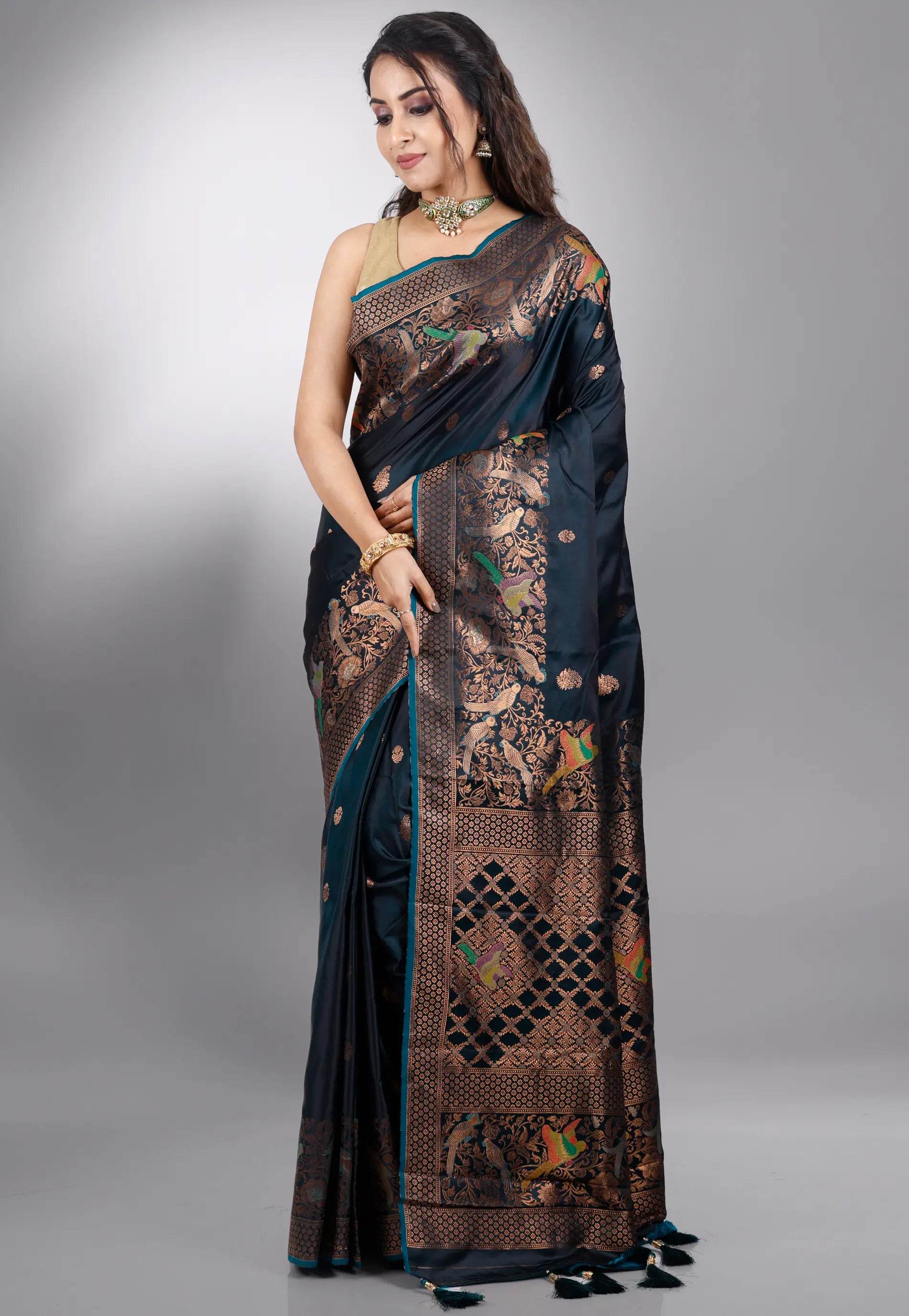 Dual Shades of Bottle Green Mashru Silk Saree with Blouse Piece - Adi Akshoy & Co.