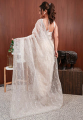 White Organza with hand Embroidery work Saree with Blouse Piece - Adi Akshoy & Co.