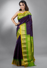 Navy Blue with Green Border Gadwal Pure Silk Saree With Blouse Piece - Adi Akshoy & Co.