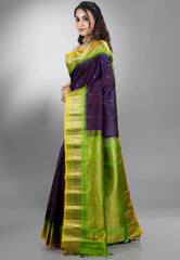 Navy Blue with Green Border Gadwal Pure Silk Saree With Blouse Piece - Adi Akshoy & Co.