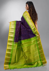 Navy Blue with Green Border Gadwal Pure Silk Saree With Blouse Piece - Adi Akshoy & Co.