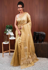 Golden Tissue Embroidery Saree with Blouse Piece - Adi Akshoy & Co.