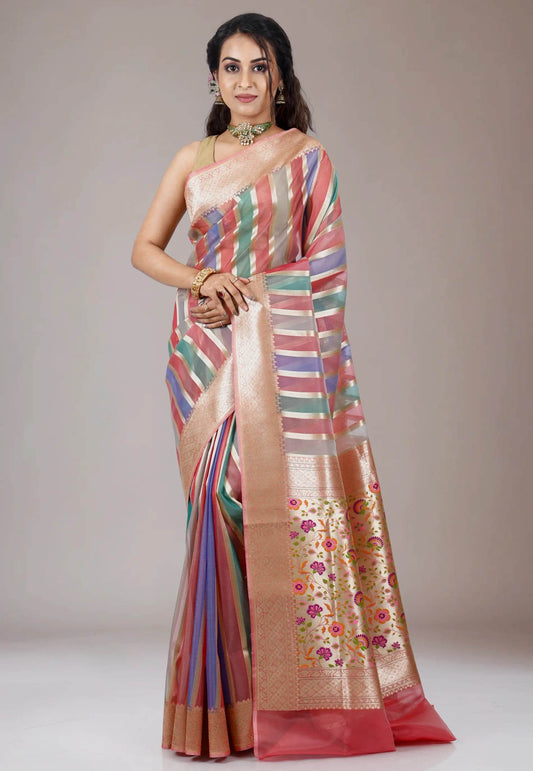 Multi colour Kora Silk Saree With Blouse Piece - Adi Akshoy & Co.