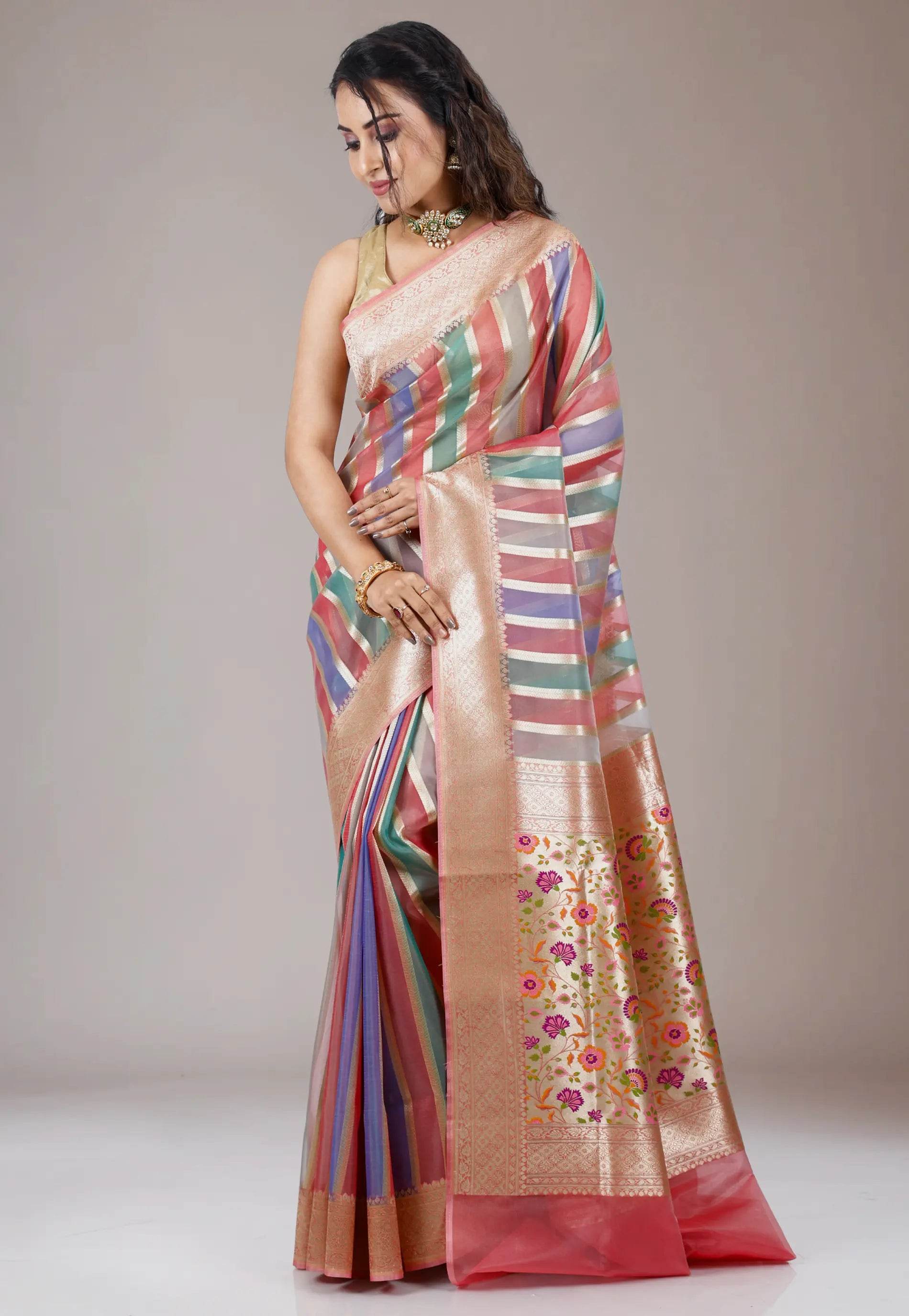 Multi colour Kora Silk Saree With Blouse Piece - Adi Akshoy & Co.