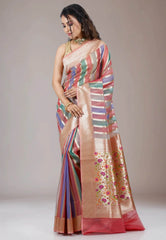 Multi colour Kora Silk Saree With Blouse Piece - Adi Akshoy & Co.