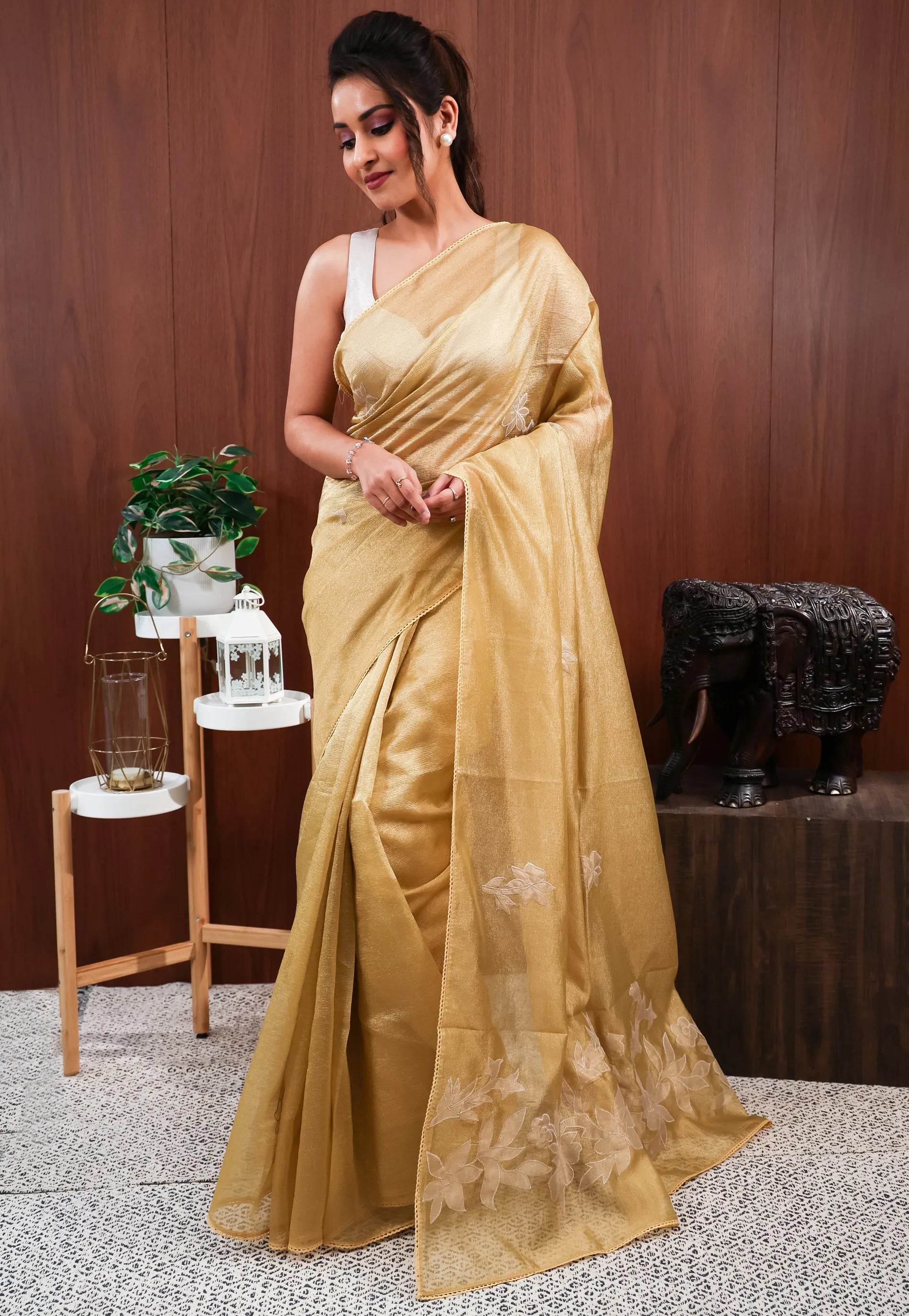 Golden Tissue Embroidery Saree with Blouse Piece - Adi Akshoy & Co.