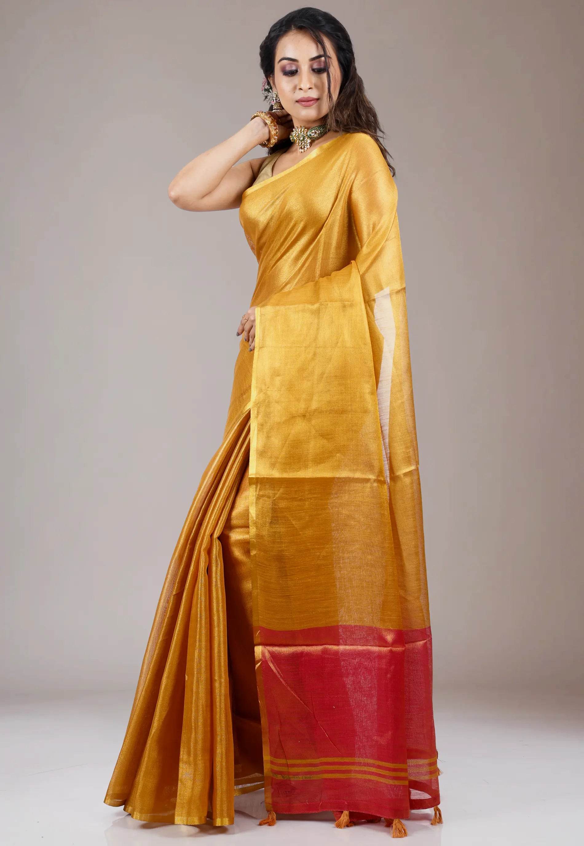 Mustard Tissue Silk Saree with Blouse Piece - Adi Akshoy & Co.