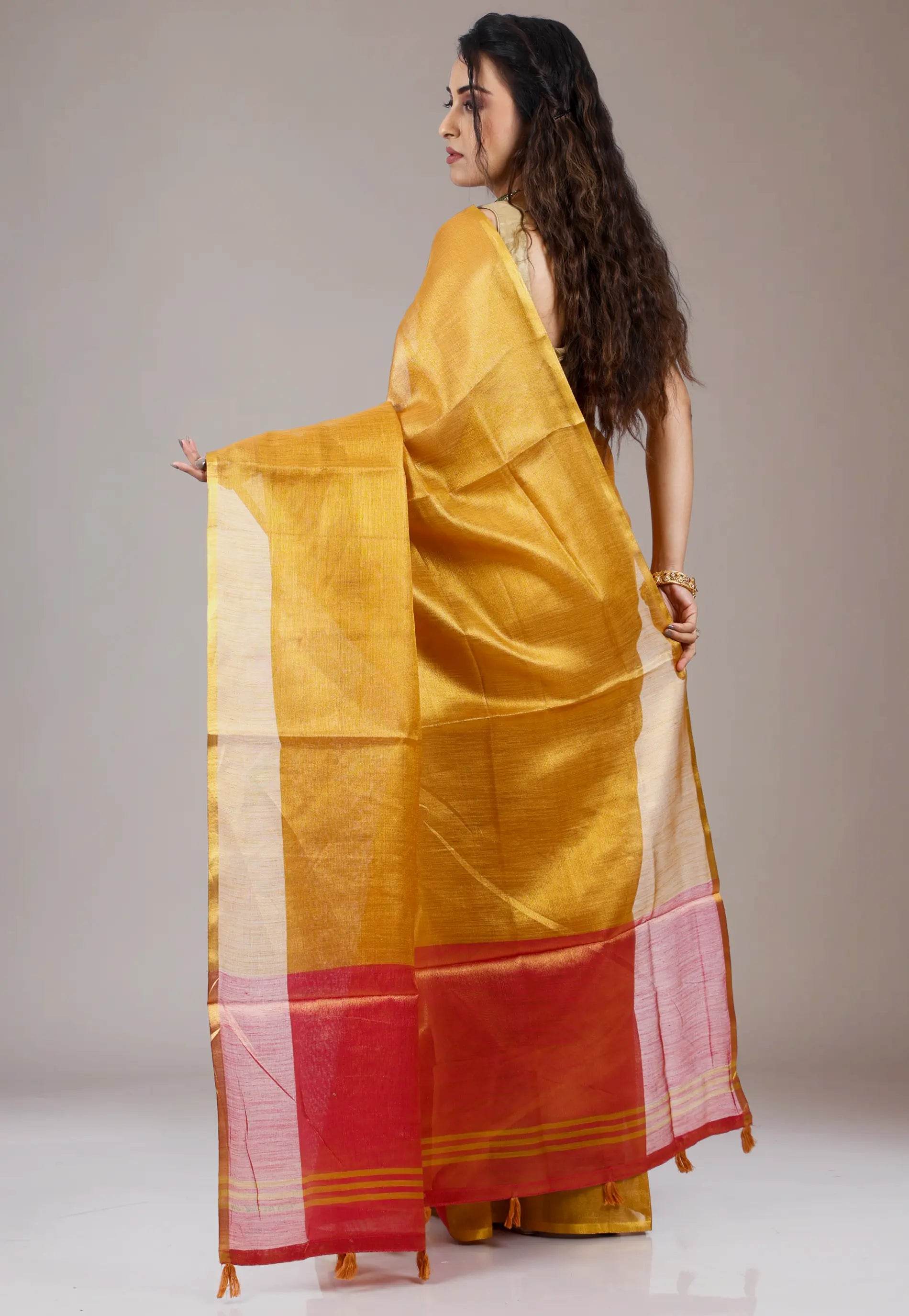 Mustard Tissue Silk Saree with Blouse Piece - Adi Akshoy & Co.