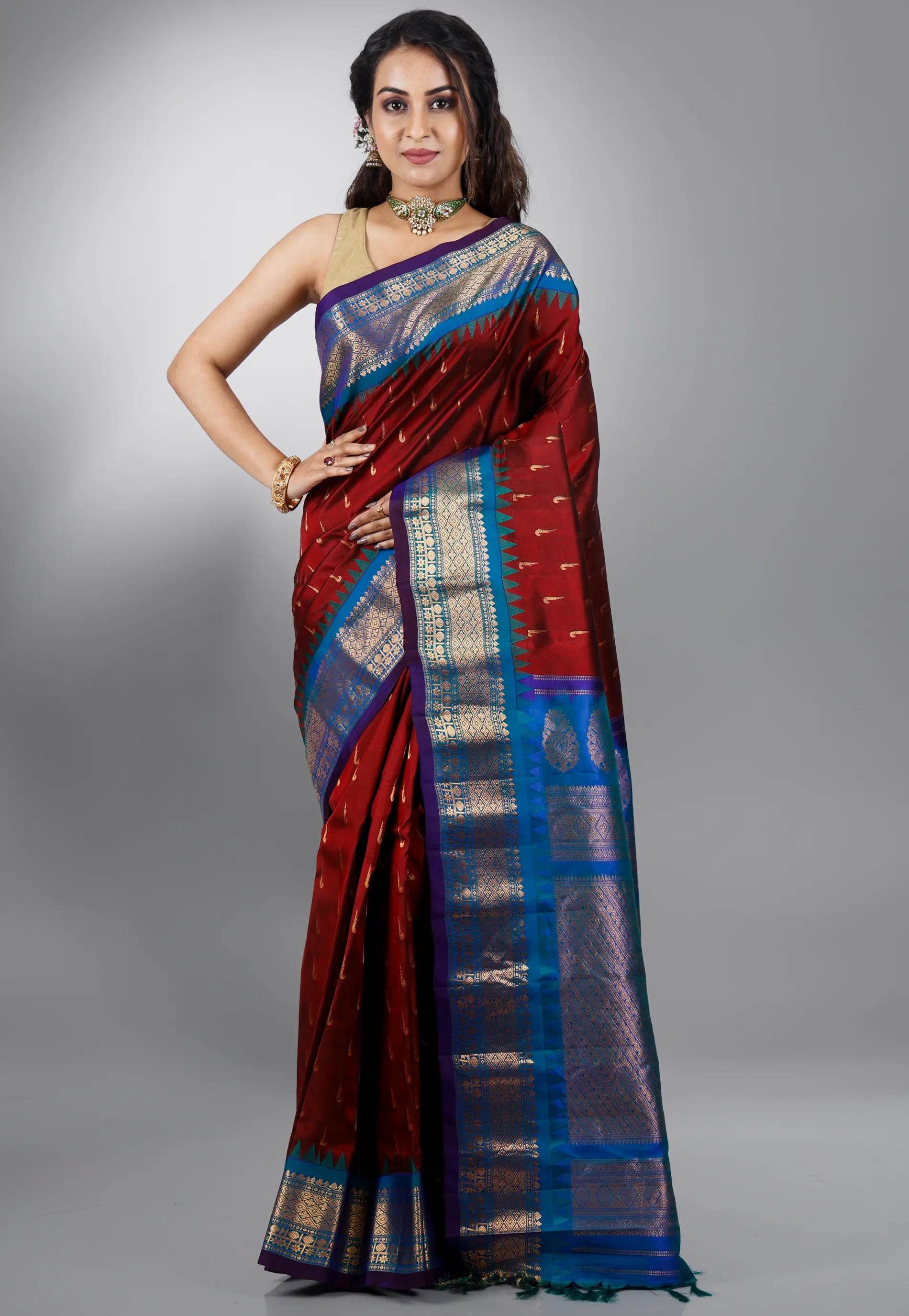Maroon with Blue Border Gadwal Pure Silk Saree With Blouse Piece - Adi Akshoy & Co.