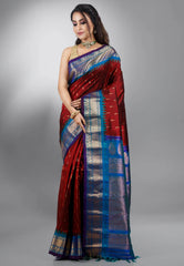 Maroon with Blue Border Gadwal Pure Silk Saree With Blouse Piece - Adi Akshoy & Co.