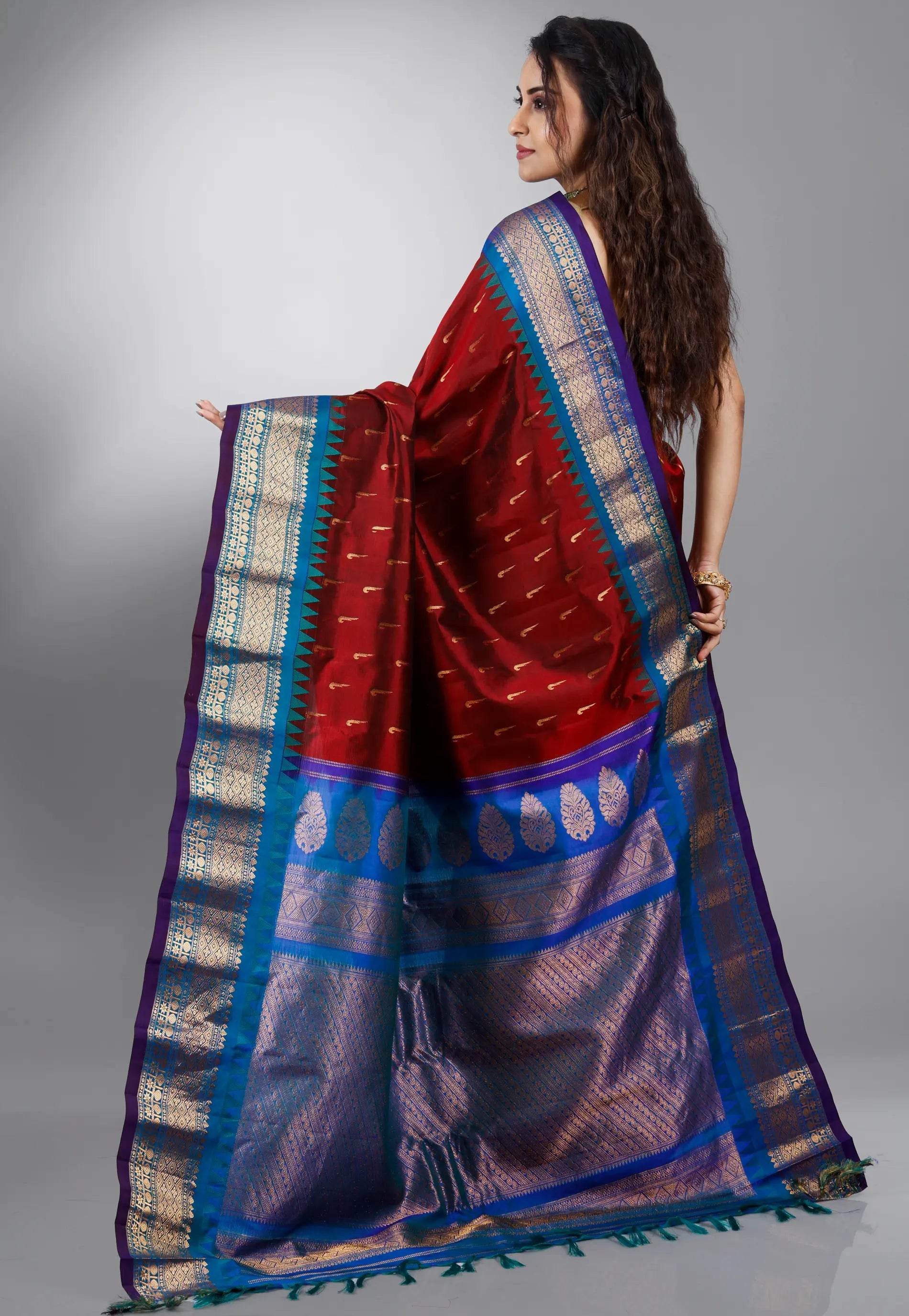 Maroon with Blue Border Gadwal Pure Silk Saree With Blouse Piece - Adi Akshoy & Co.