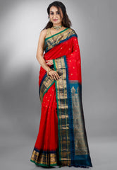 Red with Blue Border Gadwal Pure Silk Saree With Blouse Piece - Adi Akshoy & Co.