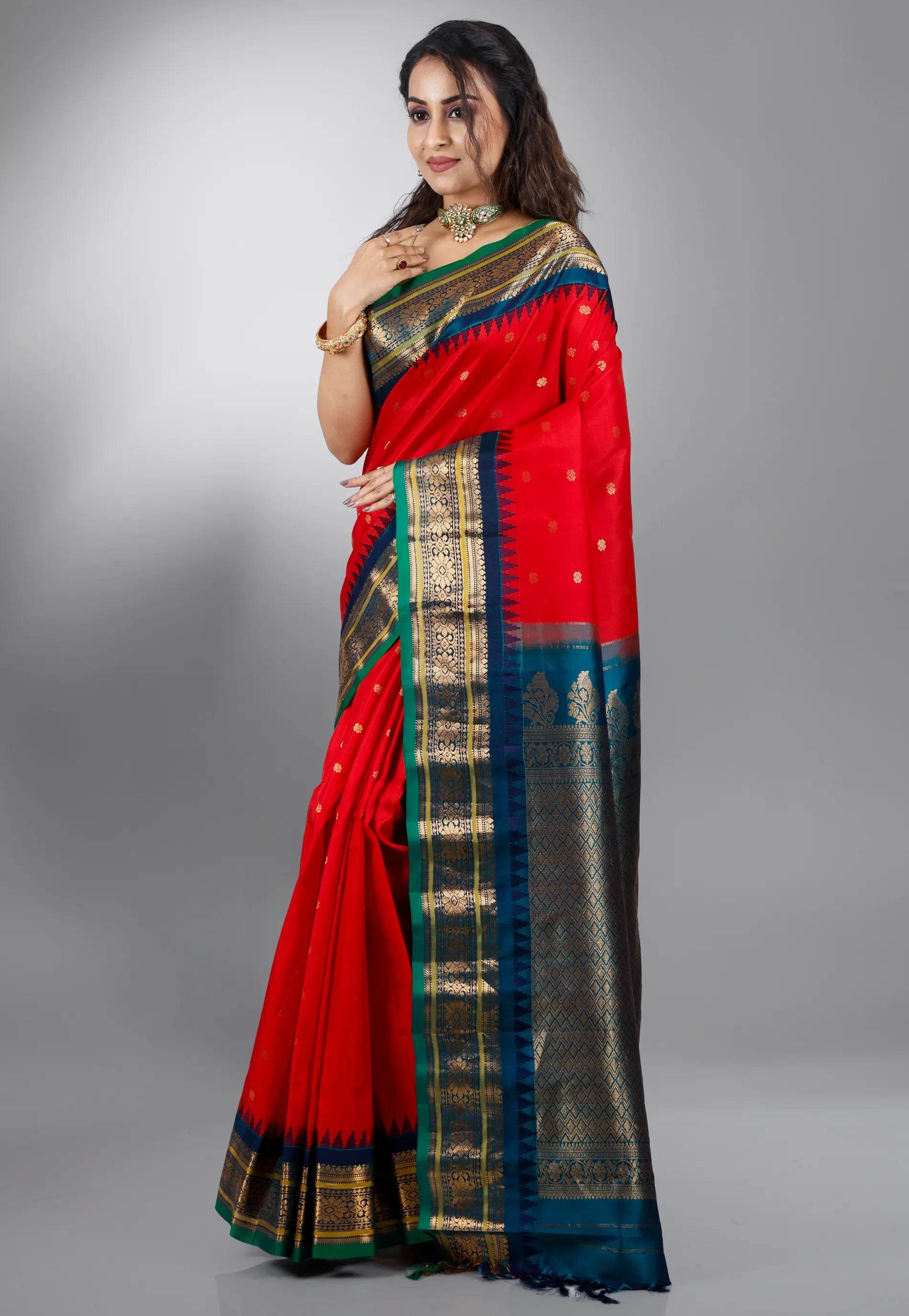 Red with Blue Border Gadwal Pure Silk Saree With Blouse Piece - Adi Akshoy & Co.