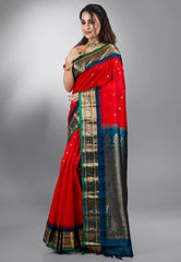 Red with Blue Border Gadwal Pure Silk Saree With Blouse Piece - Adi Akshoy & Co.