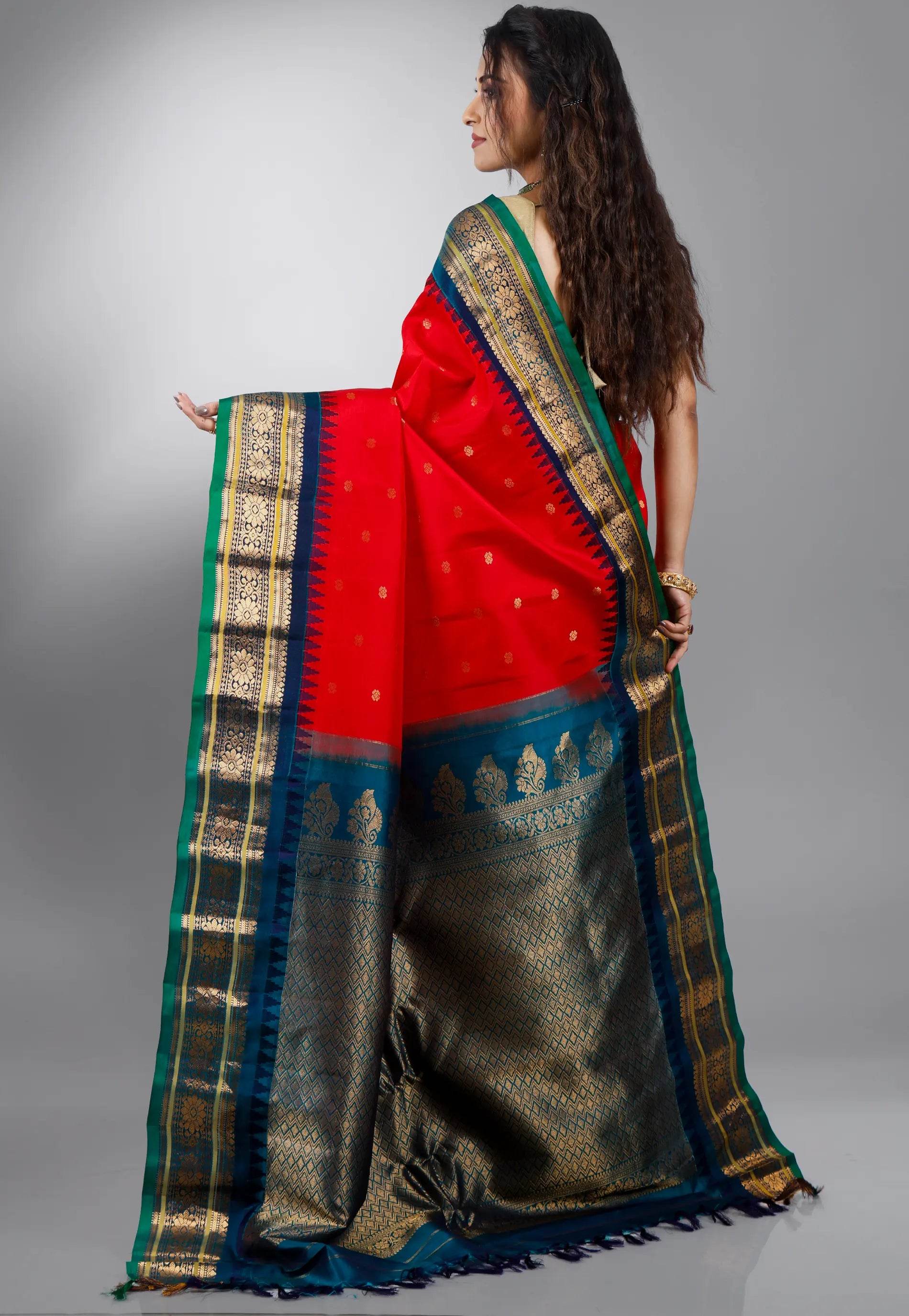 Red with Blue Border Gadwal Pure Silk Saree With Blouse Piece - Adi Akshoy & Co.