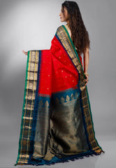 Red with Blue Border Gadwal Pure Silk Saree With Blouse Piece - Adi Akshoy & Co.