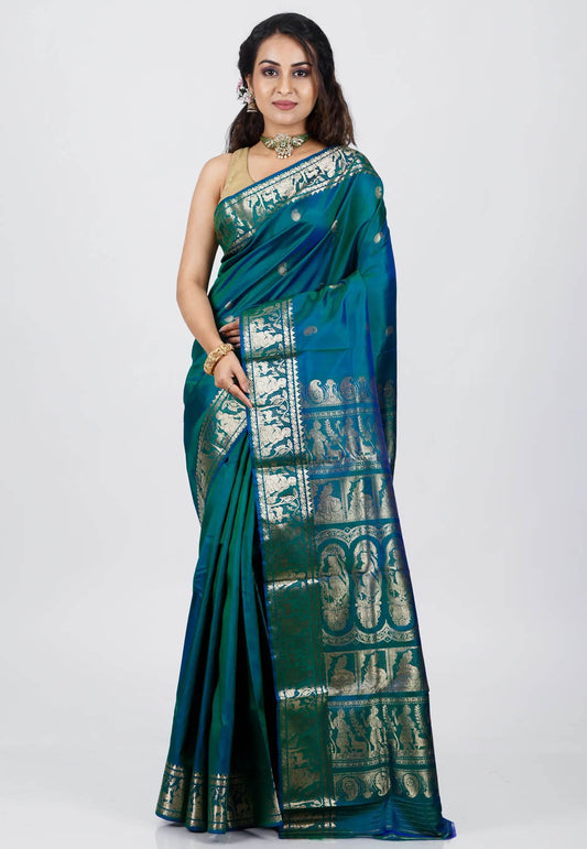 Bottle Green Baluchari Pure Silk Saree with Blouse Piece - Adi Akshoy & Co.