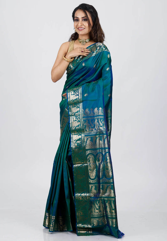 Bottle Green Baluchari Pure Silk Saree with Blouse Piece - Adi Akshoy & Co.