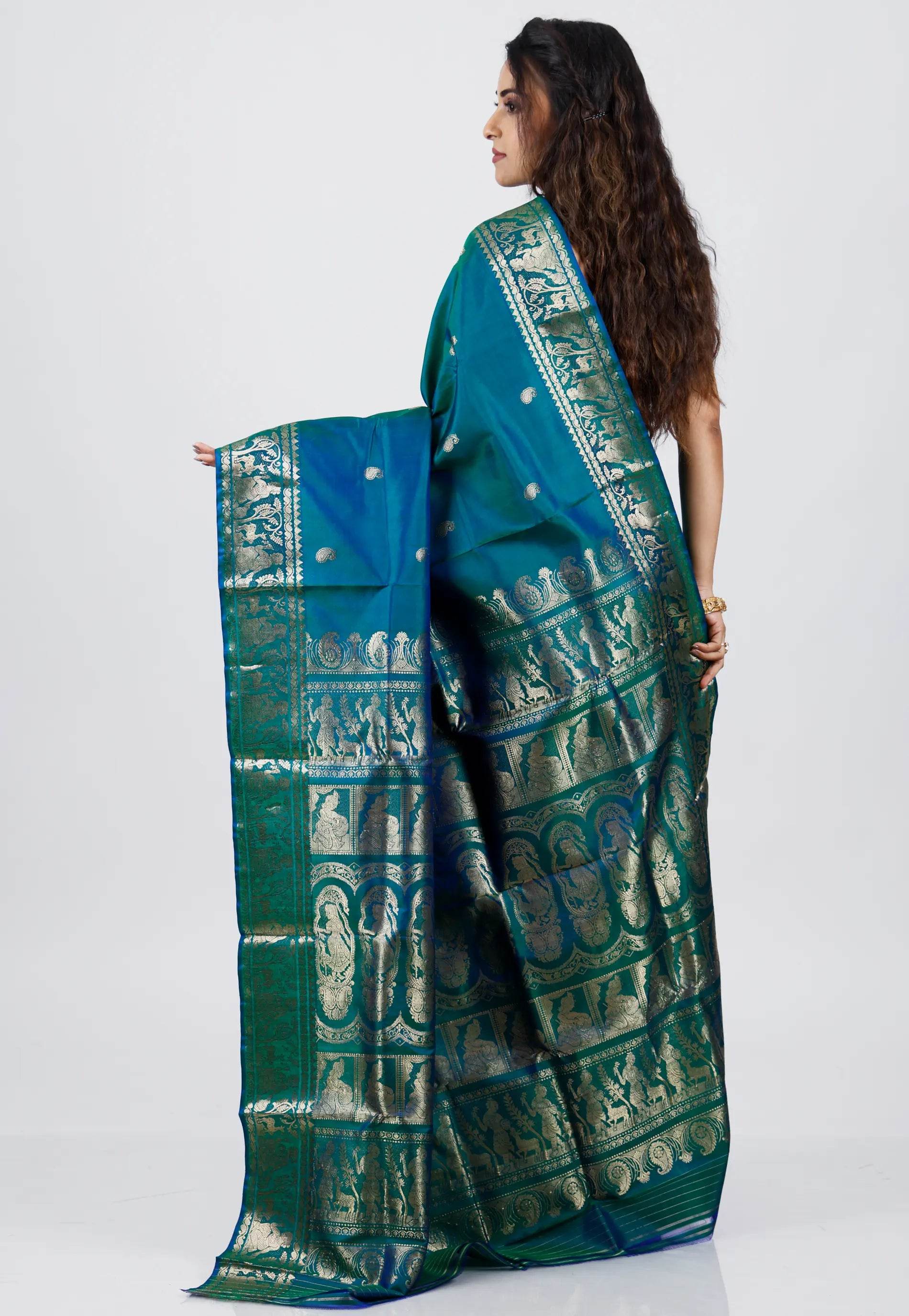 Bottle Green Baluchari Pure Silk Saree with Blouse Piece - Adi Akshoy & Co.