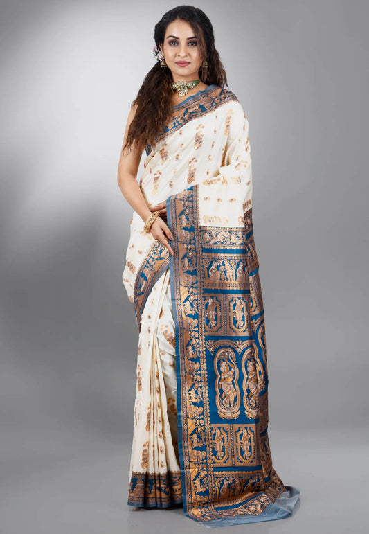 Off White Baluchari Silk Saree with Blouse Piece - Adi Akshoy & Co.