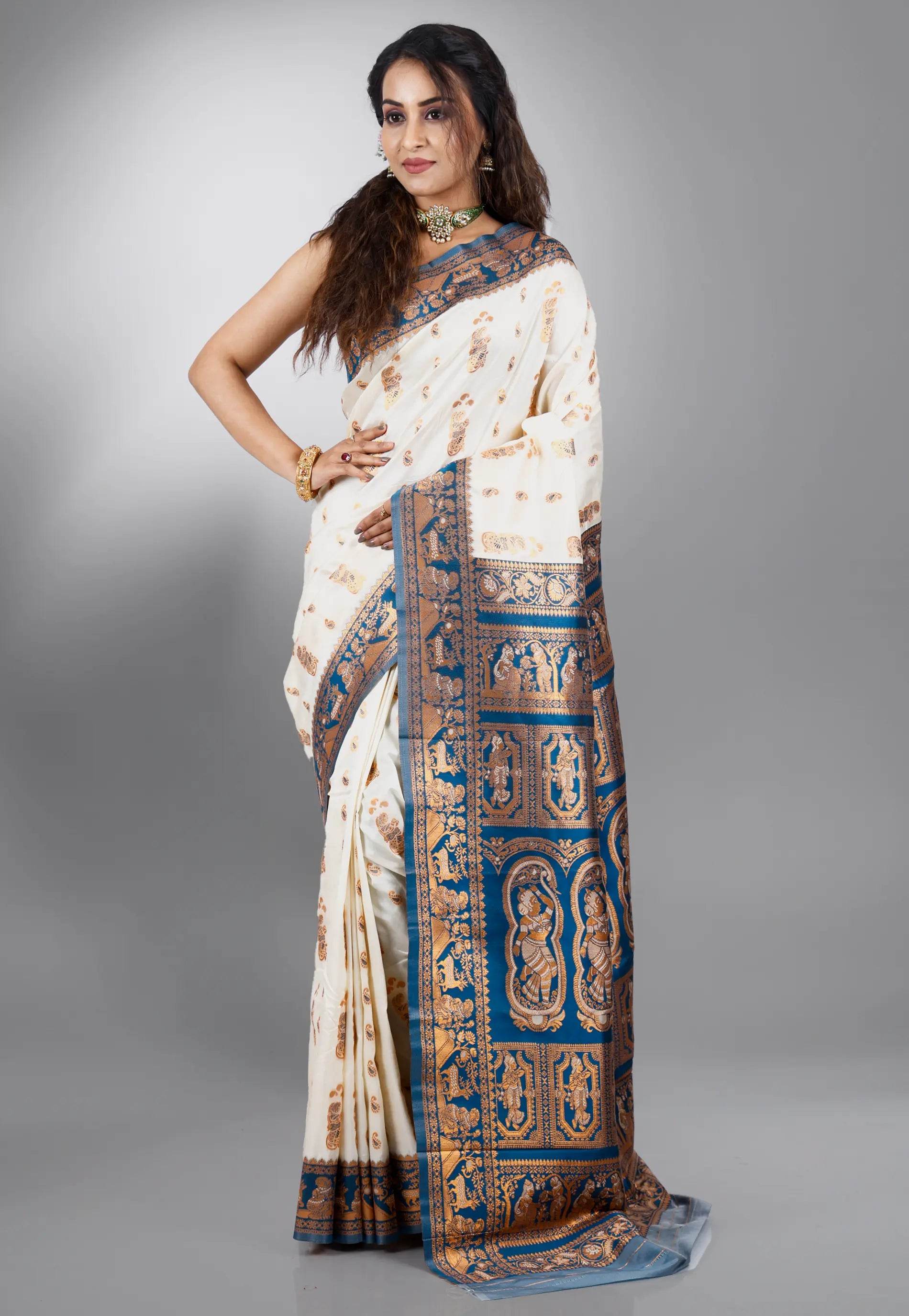 Off White Baluchari Silk Saree with Blouse Piece - Adi Akshoy & Co.