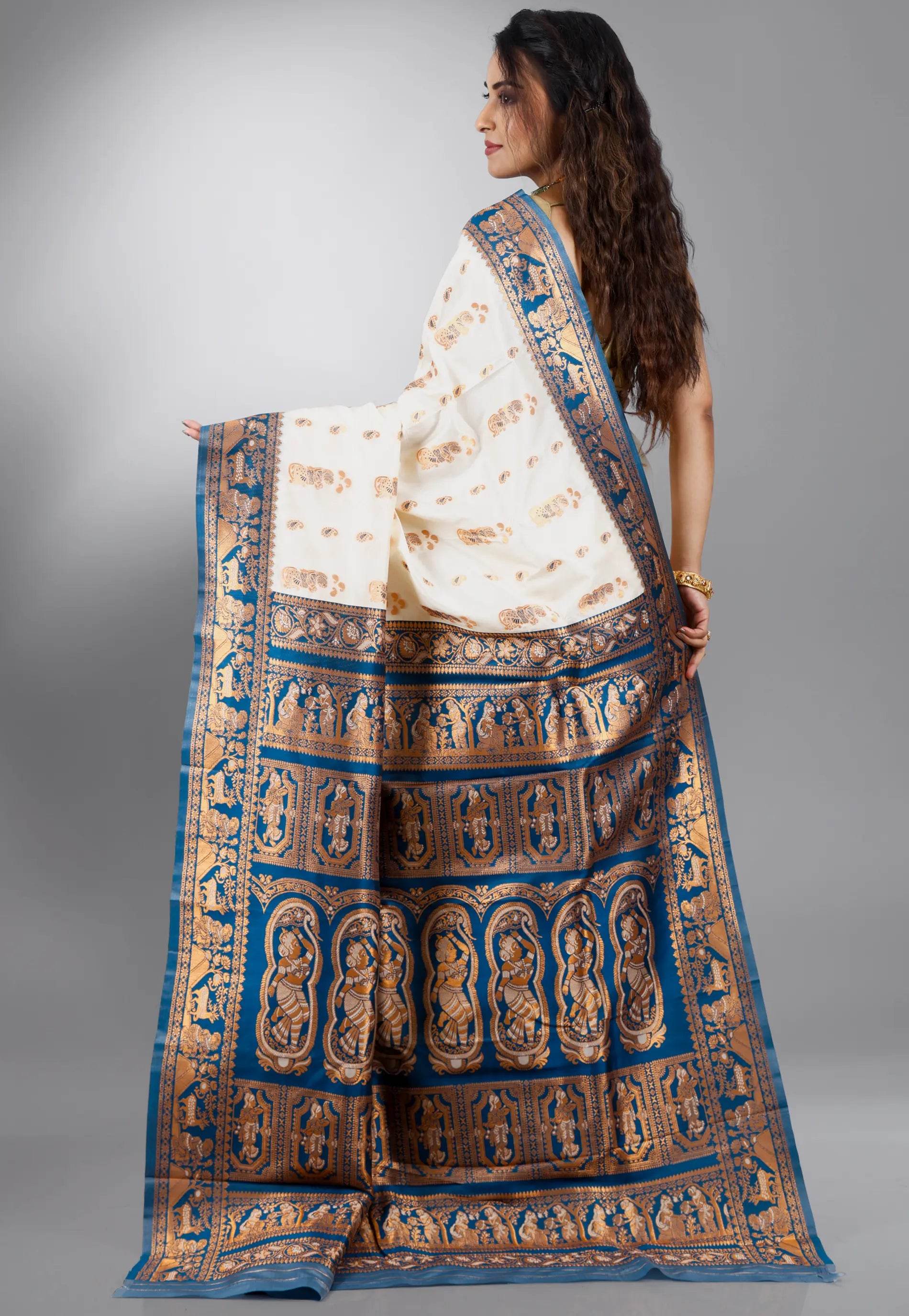 Off White Baluchari Silk Saree with Blouse Piece - Adi Akshoy & Co.