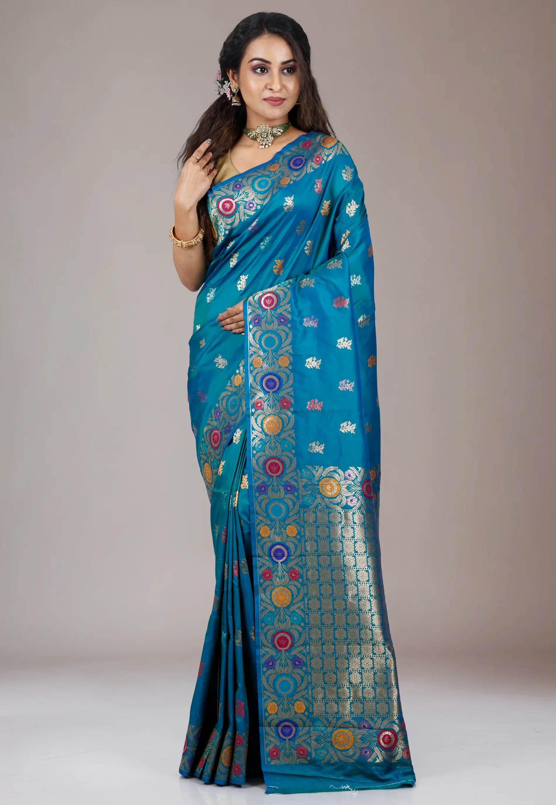 Peacock Blue Kanjivaram Silk Saree With Blouse Piece - Adi Akshoy & Co.