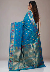 Peacock Blue Kanjivaram Silk Saree With Blouse Piece - Adi Akshoy & Co.