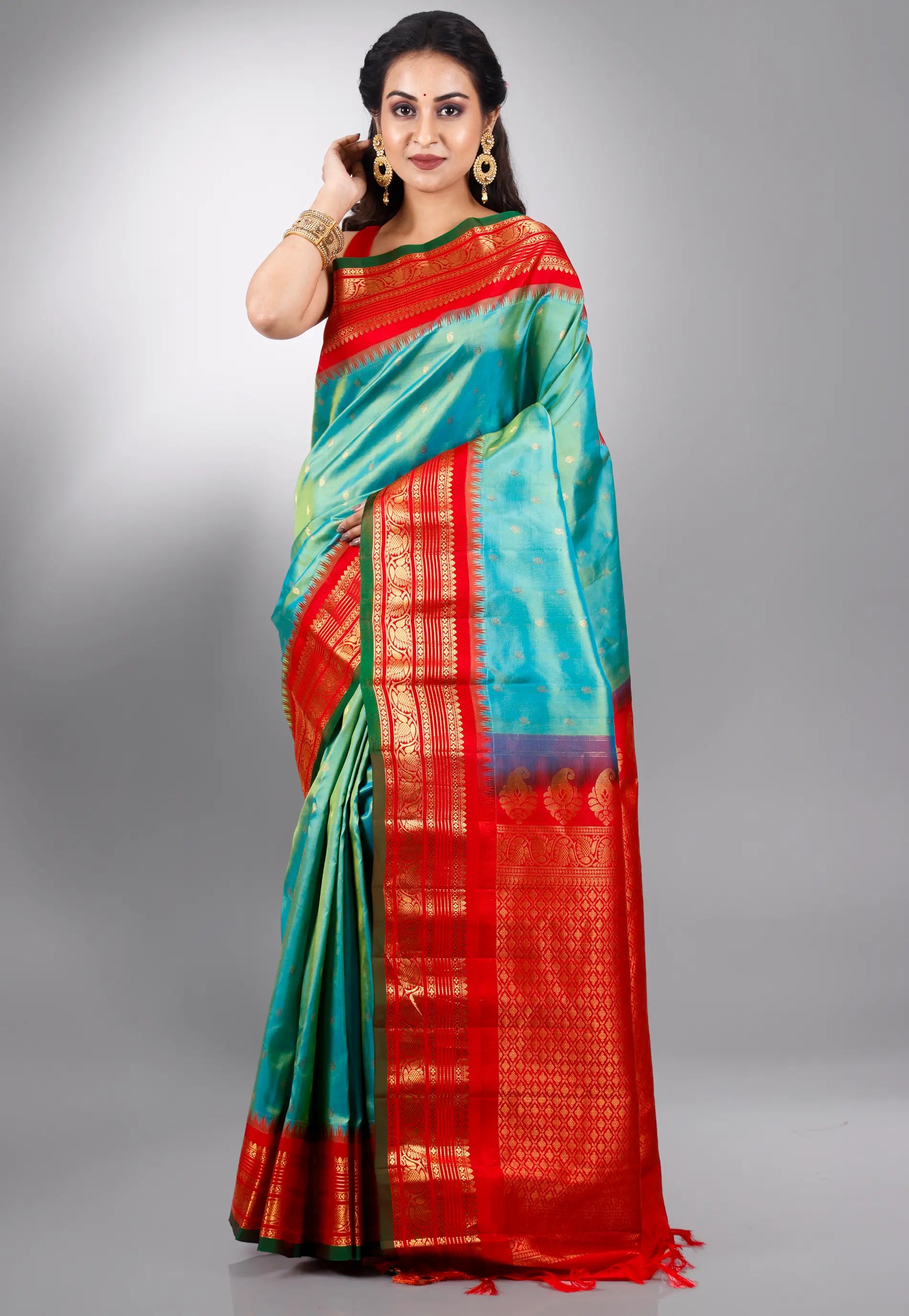Rama Green with Red Border Gadwal Pure Silk Saree With Blouse Piece