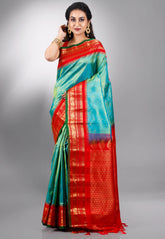 Rama Green with Red Border Gadwal Pure Silk Saree With Blouse Piece