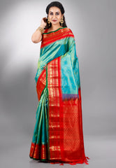 Rama Green with Red Border Gadwal Pure Silk Saree With Blouse Piece