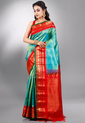 Rama Green with Red Border Gadwal Pure Silk Saree With Blouse Piece