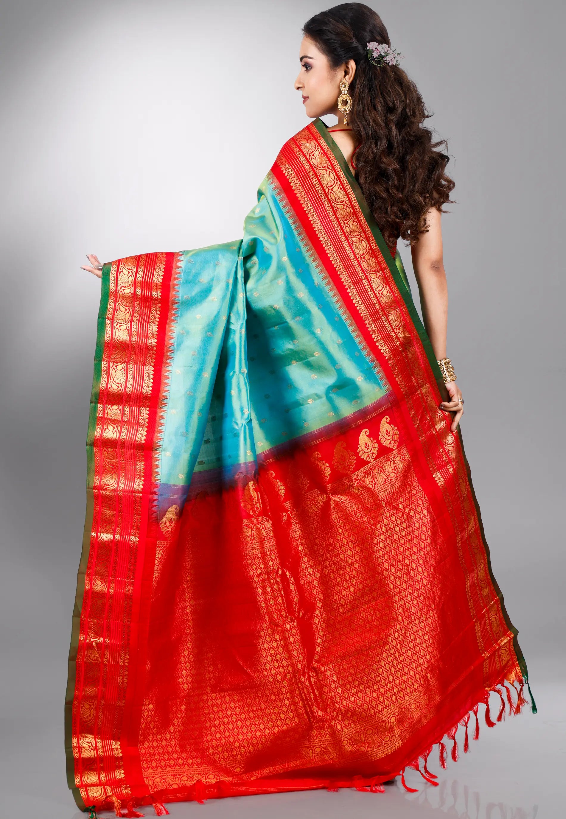 Rama Green with Red Border Gadwal Pure Silk Saree With Blouse Piece