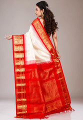 Off White with Red Border Gadwal Pure Silk Saree With Blouse Piece