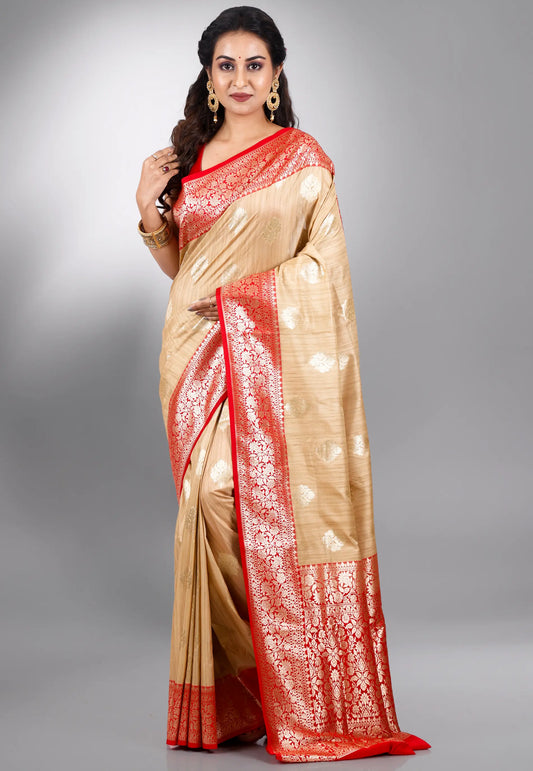 Tussar Colour Silk with Red Border Tussar with Blouse Piece
