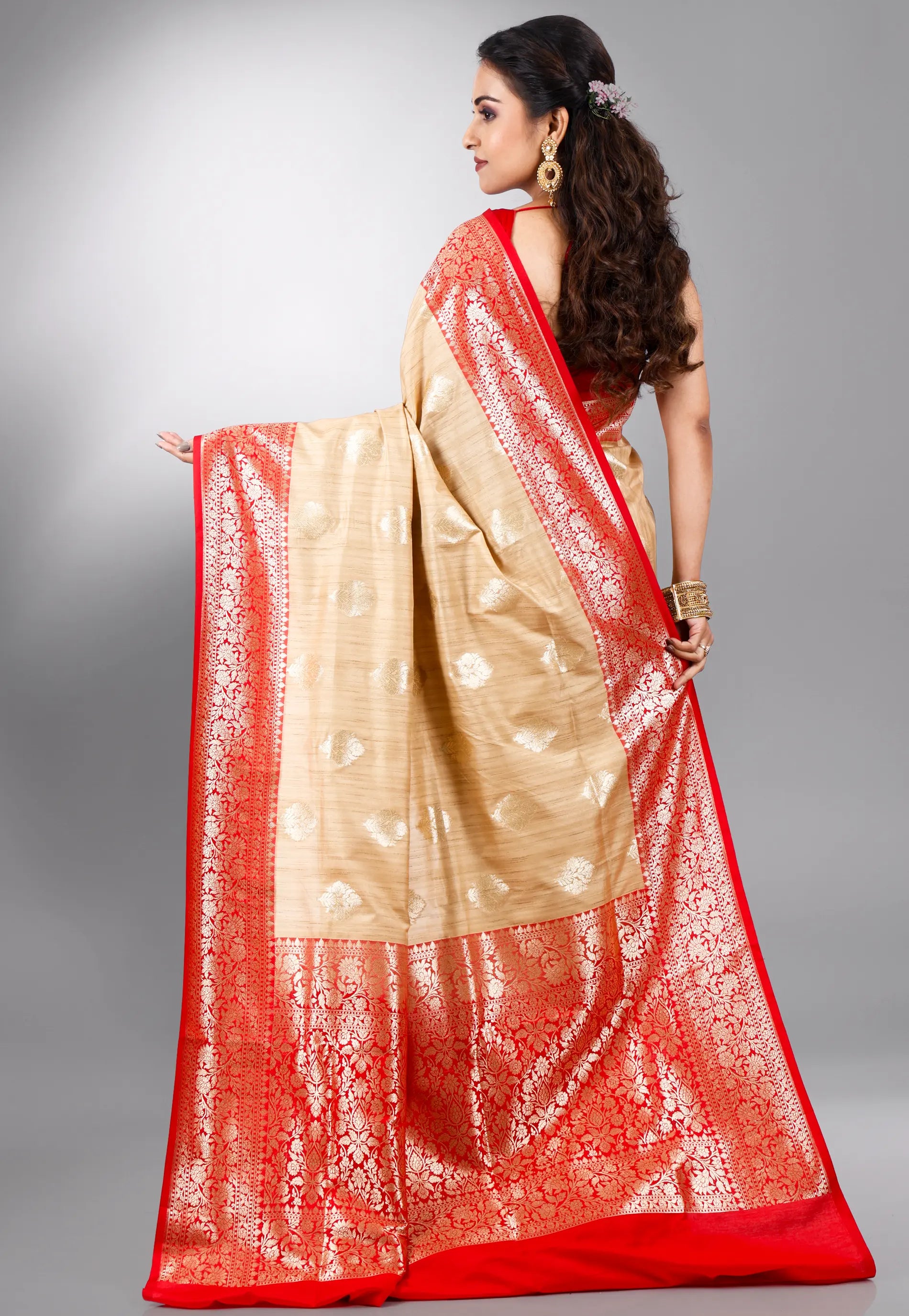 Tussar Colour Silk with Red Border Tussar with Blouse Piece