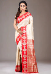 Beige with Red Border Kanjivaram Silk Saree With Blouse Piece