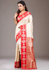 Beige with Red Border Kanjivaram Silk Saree With Blouse Piece