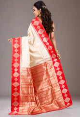 Beige with Red Border Kanjivaram Silk Saree With Blouse Piece