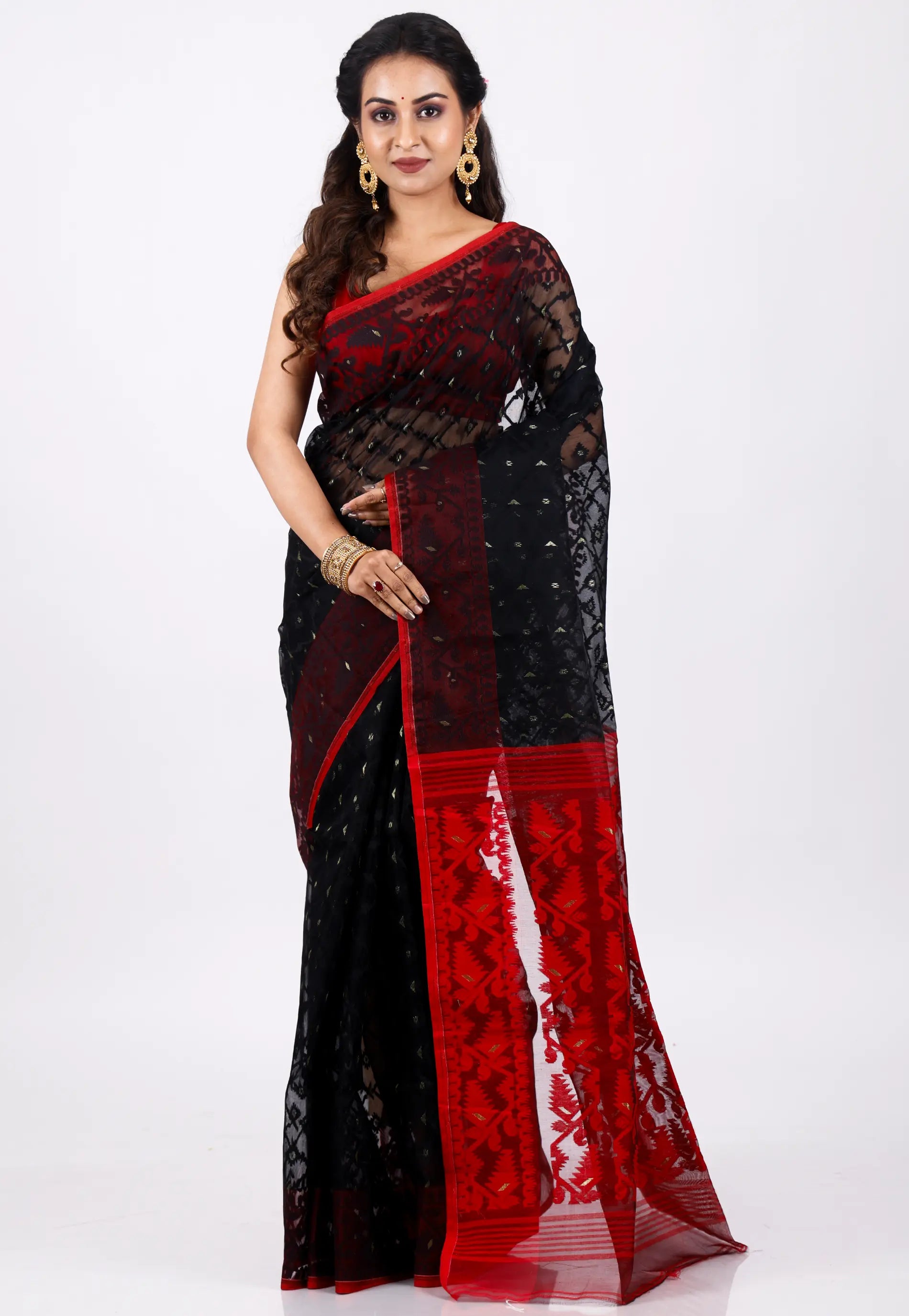 Black Dhakai Jamdani Cotton Saree without Blouse Piece