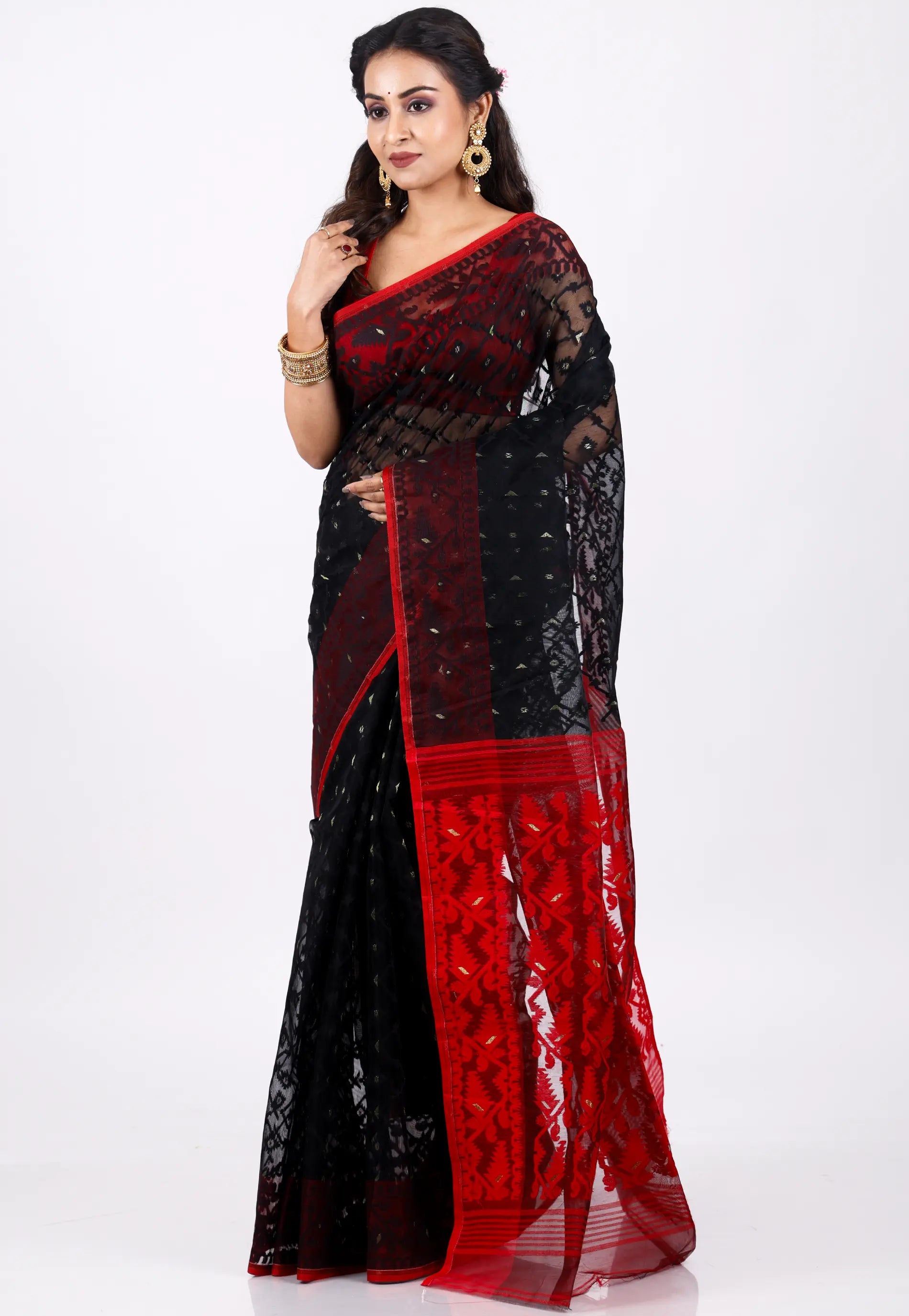 Black Dhakai Jamdani Cotton Saree without Blouse Piece