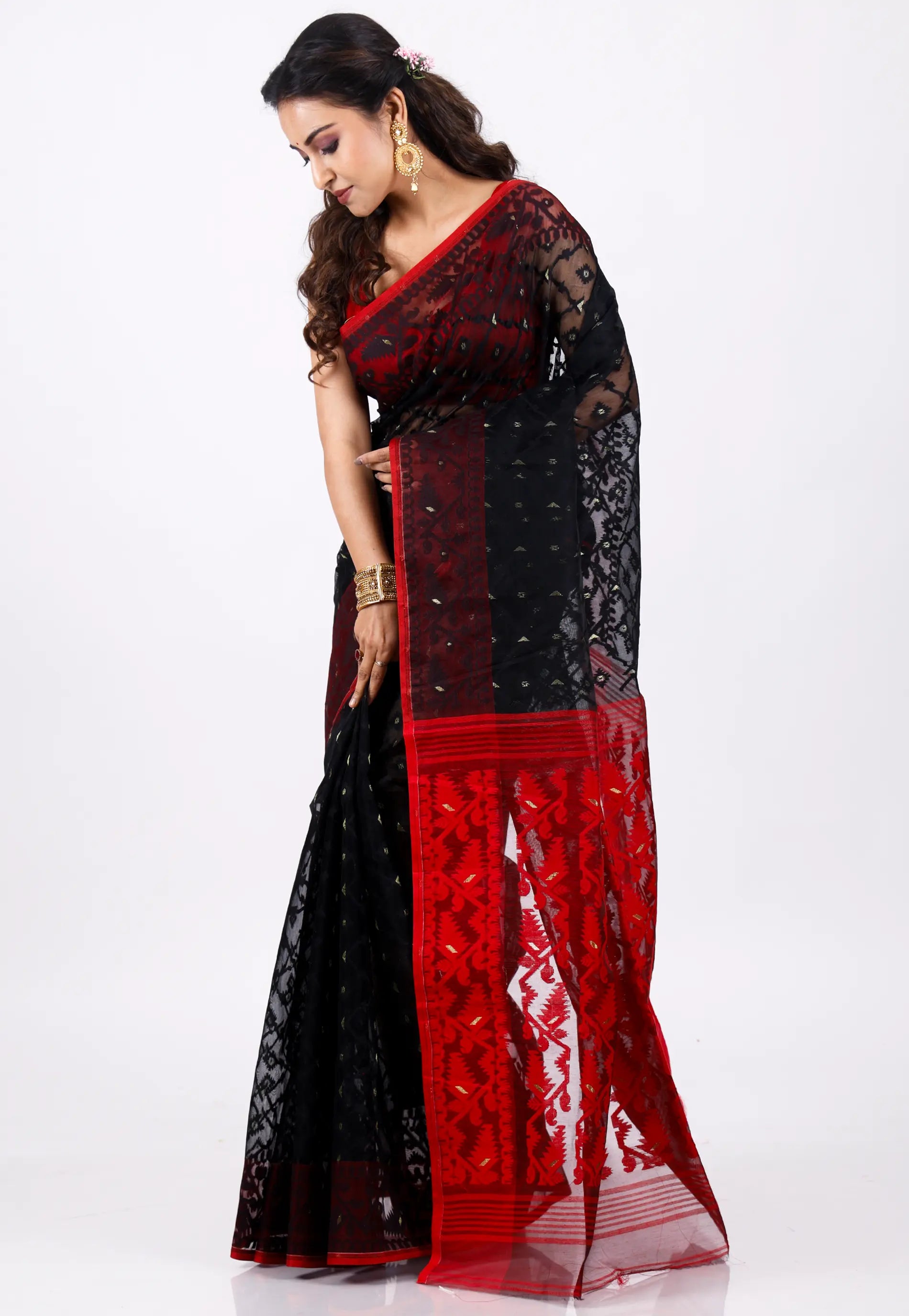 Black Dhakai Jamdani Cotton Saree without Blouse Piece
