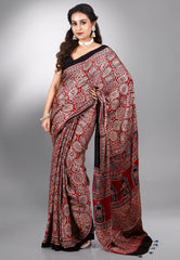 Red Ajrakh Print in Modal Silk Saree With Blouse Piece